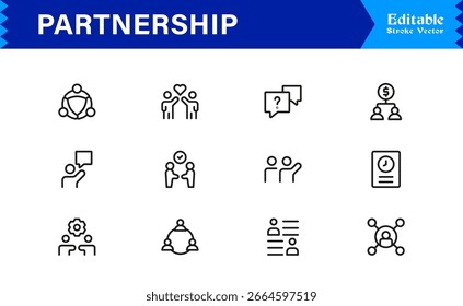Conjunto de iconos de Profesional Partnership en estilo de Vector con símbolos de colaboración, trabajo en equipo y Acuerdo empresarial