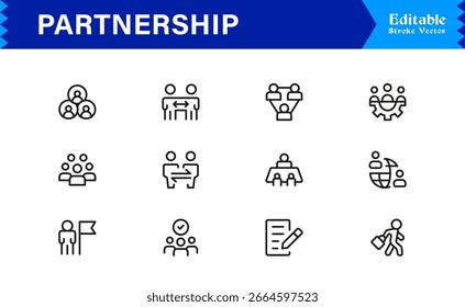 Conjunto de ícones de parceria profissional em estilo vetorial com símbolos de colaboração, trabalho em equipe e contrato de negócios