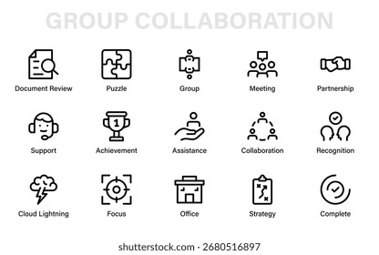 Ikonensammlung der professionellen Partnerschaftsteamwork-Linie. Modernes Vektorpaket mit kreativen Symbolen für minimale Gruppenarbeit, Einheit und Zusammenarbeit.
