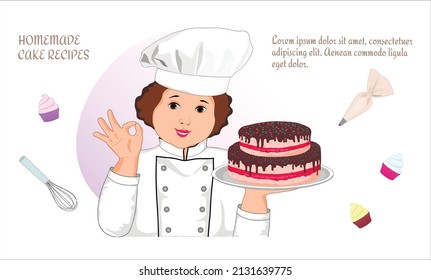 A professional pastry chef holds a birthday cake in his hands. Whisk for whipping, pastry bag. Flat vector illustration