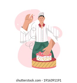 Chef de pastelería profesional haciendo dulces aislados de fondo blanco. El hombre decora la tarta de cereza de postre. Taller de panadería, clases de cocina, pastelería, pastelería. Ilustración de carácter de vector