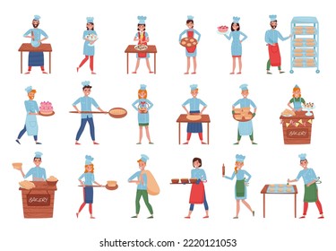 Professional Pastry Chef Working In Bakery Wearing Traditional Uniform and Toque Big Vector Set