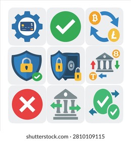 Professional payment and checkout icon set featuring secure transactions credit cards digital wallets invoices billing and confirmations.
