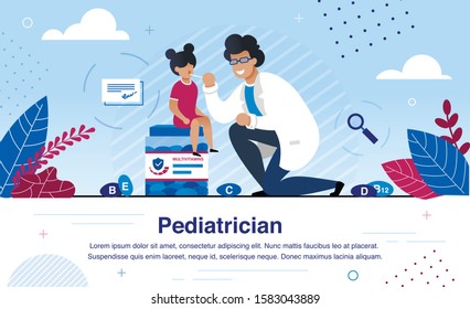 Professional Pediatrician Service, Healthy Nutrition for Children Trendy Flat Vector Ad Banner, Promo Poster Template. Doctor Examining Childs Throat, Recommending Multivitamins for Kid Illustration