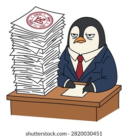 Professional penguin wearing office suit working at desk with massive pile of paperwork and corporate stamp mark.