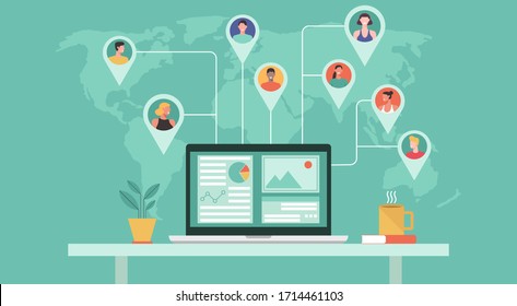 professional people from around the world working together online on laptop computer, remote working, work from home and work from anywhere, flat vector illustration