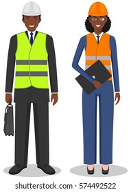 Professional people concept. Couple of african american engineers, businessman and businesswoman standing together on white background in flat style. Business team and teamwork concept. Vector.