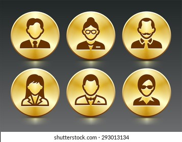 Professional People Face Set  on Gold Round Buttons