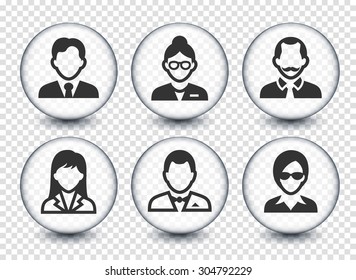 Professional People Face Set  on Transparent Round Buttons