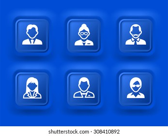 Professional People Face Set  on Blue Square Buttons