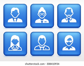 Professional People Face Set  on Blue Square Buttons