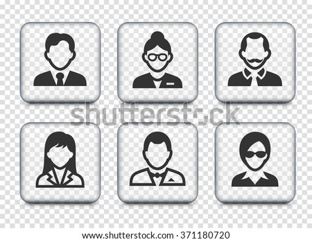 Professional People Face Set  on Transparent Square Buttons