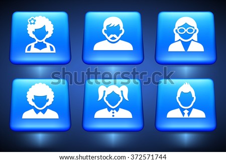 Professional People Face Set  on Blue Square Buttons