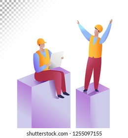 Professional people flat illustration. Construction team at the facility under construction blocks. Vector illustration on a transparent background.