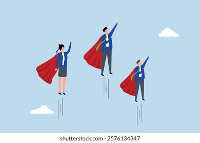 Professional people to help business success, company representatives group members superhero soaring high in the atmosphere. 