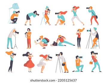 Professional People Photographer with Camera in Different Pose Taking Photo Shots Vector Set