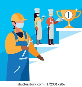 professional people working with face mask vector illustration design