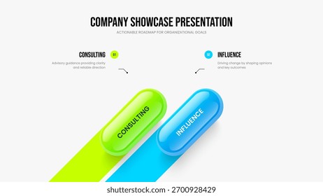 Layout de apresentação de infográfico de 2 elementos de desempenho profissional. Ilustração do vetor de design de quadro do Enterprise Insight. Modelo de Slide de Diagrama de Duas Etapas do Creative Launch.