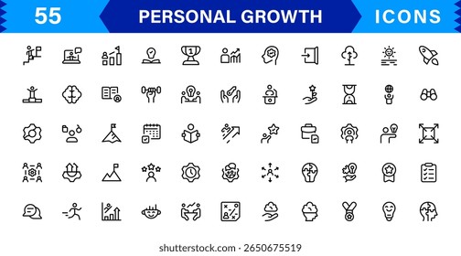 Ícones profissionais de crescimento pessoal com motivação, atenção, definição de metas, produtividade e desenvolvimento em formato de vetor elegante