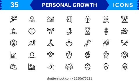 Professional Personal Growth Icons Featuring Motivation, Mindfulness, Goal Setting, Productivity, and Development in Stylish Vector Format