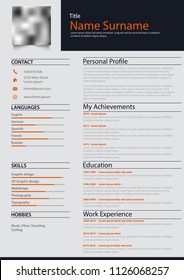 Professional personal resume cv with blue and orange descriptions