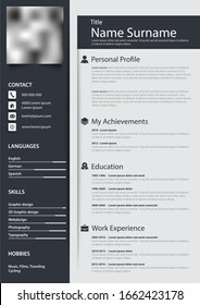 Professional personal resume cv with narrow stripes in blue design