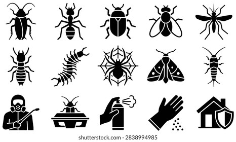 Professional pest control and insect extermination icon set.