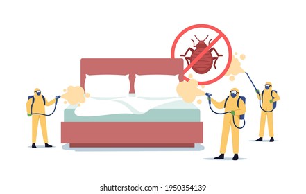 Professional Pest Control Service Doing Room Disinsection against Bed Bugs. Exterminators Characters in Hazmat Suits Spraying Toxic Liquid for Bedbugs Extermination. Cartoon People Vector Illustration