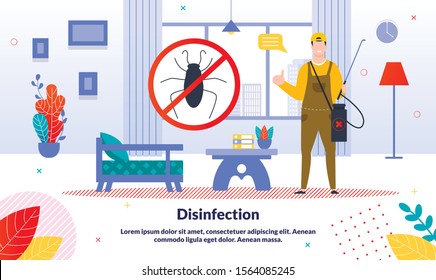 Professional Pest Control Service, Home Disinfection Company Trendy Vector Ad Banner, Promo Poster Template. Worker in Overall with Sprayer Filled Pesticides Cleaning Room from Insects Illustration