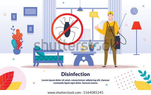 Professional Pest Control Service, Home\
Disinfection Company Trendy Vector Ad Banner, Promo Poster\
Template. Worker in Overall with Sprayer Filled Pesticides Cleaning\
Room from Insects\
Illustration