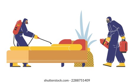 Professional pest control service workers, flat vector illustration isolated on white background. People in protective suits and masks exterminating bed against insects.