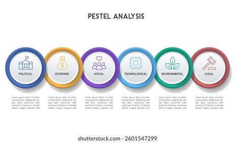 Professional PESTEL Analysis Infographic with 3D Effect Circular Icons and Business Factors on White Background Vector Illustration