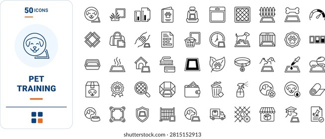 Professional pet care line icon set featuring hygiene tools, housebreaking supplies, and absorbent sheets. This thin linear illustration covers everything needed for canine house training metrics.