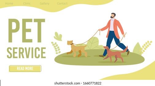Professional Pet Service Trendy Flat Vector Web Banner, Landing Page Template. Man in Suit, Qualified Dog Walker Walking on Meadow in Park with Terrier and Labrador Retriever on Leashes Illustration