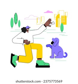 Formación profesional de mascotas ilustraciones de vectores de dibujos animados aislados. Muchacha entrenando mascota profesionalmente, animal adorable, pequeña empresa, trabajo independiente, dibujos animados vectores de obediencia de perro.