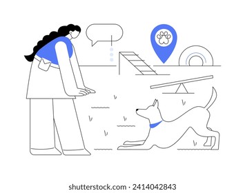 Formación profesional de mascotas ilustraciones de vectores de dibujos animados aislados. Muchacha entrenando mascota profesionalmente, animal adorable, pequeña empresa, trabajo independiente, dibujos animados vectores de obediencia de perro.