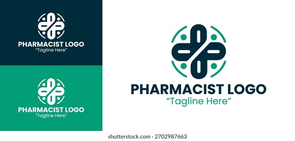 Professional pharmacist emblem using mortar silhouette for medical and wellness branding.