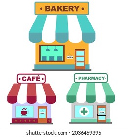 Professional Pharmacy, Bakery, and Cafe Icon illustration design with label open hangin on the entrance. Modern design style for web site, logo and mobile app. EPS10