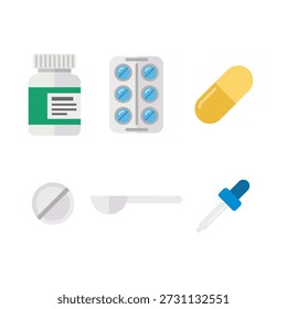 Professionelle Apotheke Set Illustration mit Medikamentenflasche, Pillen, Kapseln und Augentropfen Symbole.
