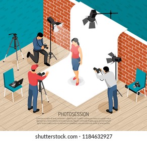 Professional photo art studio interior equipment photographers work isometric composition with fashion model shooting session vector illustration 