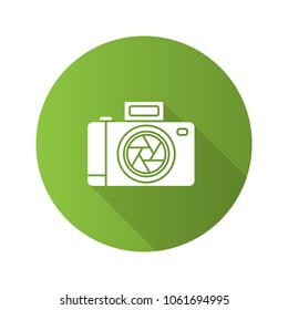 Professional photo camera flat design long shadow glyph icon. Vector silhouette illustration