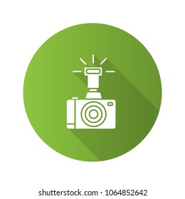 Professional photo camera flat design long shadow glyph icon. Vector silhouette illustration