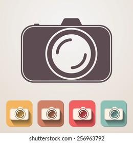 Professional photo camera flat icons set fading shadow effect.