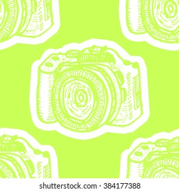 Professional photo camera seamless pattern. Photography Studio Equipment. Vector seamless pattern for flyer, banner, ad, package. Hand drawn, pen and ink