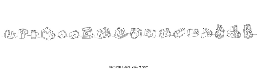 Professional photo camera set one line continuous drawing. External flash, vintage camera, photo lens with shutter, instant and film photo camera.