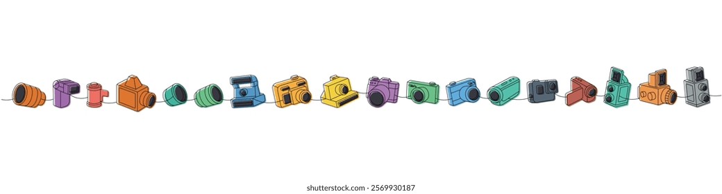 Professional photo camera set one line colored continuous drawing. External flash, vintage camera, photo lens with shutter, instant photo camera.