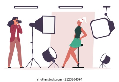 Professional photo session scene, photographer shooting model. Girl posing for photographer, fashion photoshoot vector illustration. Photo studio scene. Backstage with equipment as spotlight