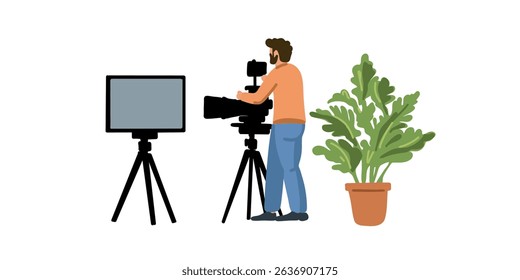  professional photo session in studio, person shooting with tripod, vector