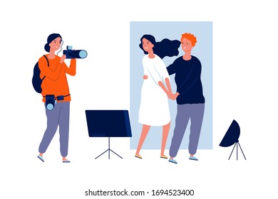 Professional photo session. Young couple or newlyweds posing in studio. Isolated photographer, girl and boy vector illustration