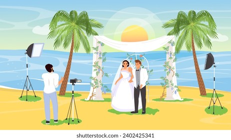 Professional photo shoot of wedding ceremony at tropical seacoast vector illustration. Beautiful bride and elegant groom standing under arch and photographer taking picture of newlyweds